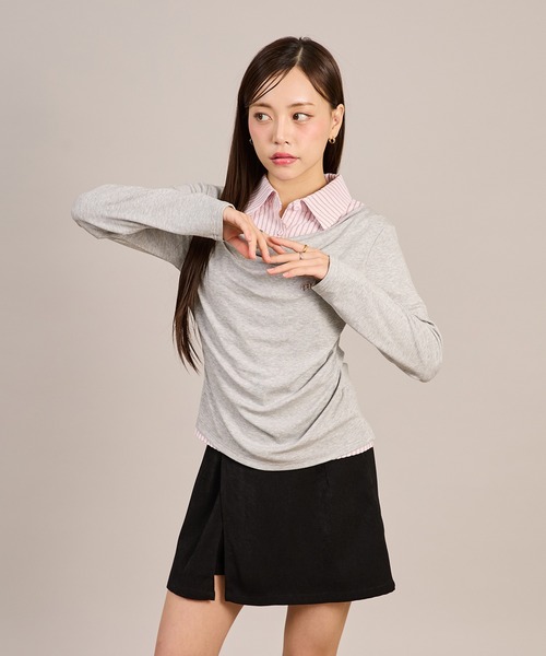 apres jour mignon(アプレジュールミニョン)の「シャツレイヤードドレープトップス(Tシャツ/カットソー・レディース・ネイビー/杢グレー/チャコールグレー・LARGE/フリー)」の15枚目の写真