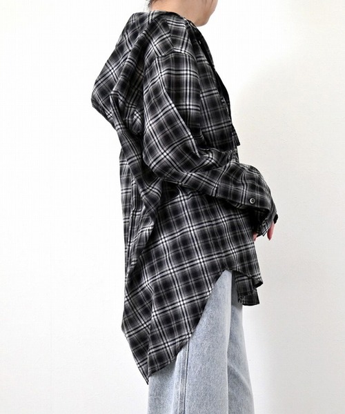 STYLEBLOCK（スタイルブロック）の「先染めシアーチェックフーディシャツ（シャツ/ブラウス・レディース・ブラック/ベージュ/ネイビー・M）」の7枚目の写真