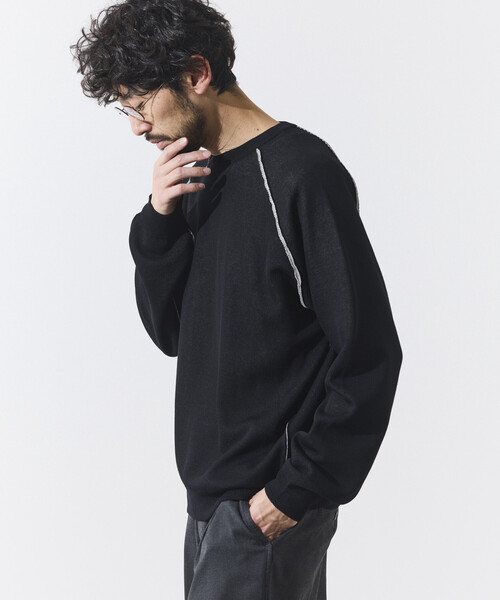FREAK'S STORE(フリークスストア)の「FREAK’S STORE/フリークスストア クールタッチ Wフェイス 配色 クルーネックニット/両面接触冷感(ニット/セーター・メンズ・ベージュ/ブラック/サックスブルー・LARGE/MEDIUM)」の1枚目の写真