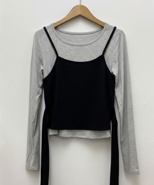 VIVID LADY(ビビッドレディー)の「キャミドッキング レイヤード風 ショートロンT(Tシャツ/カットソー・レディース・ブラック/チャコールグレー・FREE)」の19枚目の写真