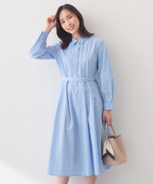 index（インデックス）の「ベルト付きタックシャツワンピース【洗濯機OK・イージーアイロン】（ワンピース・レディース・サックスブルー系2/ネイビー/ベージュ・40/38/36）」の3枚目の写真