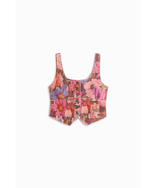 Desigual(デシグアル)の「ピンクフローラル×"Art is Resistance"グラフィックプリントデニムコルセットベスト(デニムジャケット・レディース・レッド・S/M/L/XS/XL)」の3枚目の写真