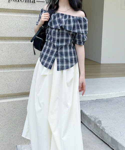 Ada.(エイダ)の「チェック柄 ウェストリボンデザイン フリルオフショルダー 半袖ブラウス(シャツ/ブラウス・レディース・ブラウン/レッド/ネイビー・FREE)」の16枚目の写真