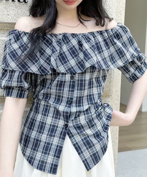 Ada.(エイダ)の「チェック柄 ウェストリボンデザイン フリルオフショルダー 半袖ブラウス(シャツ/ブラウス・レディース・ブラウン/レッド/ネイビー・FREE)」の19枚目の写真