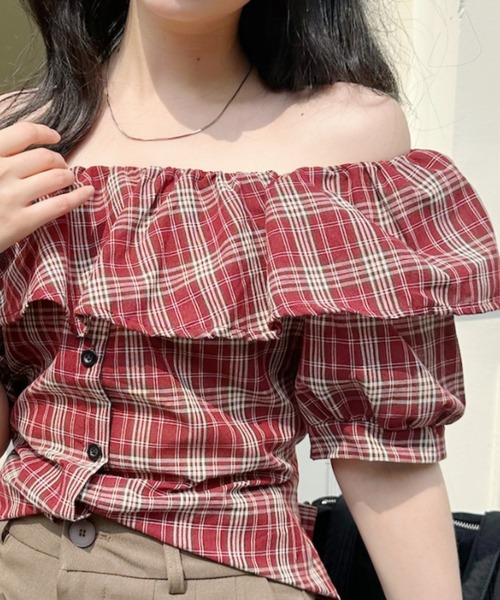 Ada.(エイダ)の「チェック柄 ウェストリボンデザイン フリルオフショルダー 半袖ブラウス(シャツ/ブラウス・レディース・ブラウン/レッド/ネイビー・FREE)」の20枚目の写真