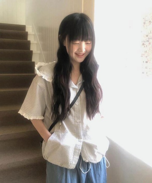 Aelina(エリナ)の「チェック柄フード付きドローストリングブラウス(シャツ/ブラウス・レディース・ネイビー/ライトブルー・FREE)」の5枚目の写真