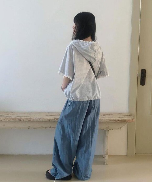 Aelina(エリナ)の「チェック柄フード付きドローストリングブラウス(シャツ/ブラウス・レディース・ネイビー/ライトブルー・FREE)」の12枚目の写真
