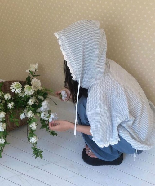 Aelina(エリナ)の「チェック柄フード付きドローストリングブラウス(シャツ/ブラウス・レディース・ネイビー/ライトブルー・FREE)」の13枚目の写真
