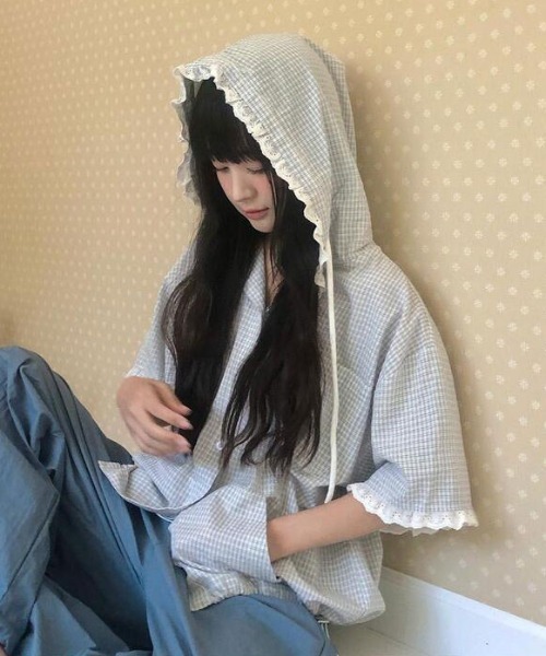 Aelina(エリナ)の「チェック柄フード付きドローストリングブラウス(シャツ/ブラウス・レディース・ネイビー/ライトブルー・FREE)」の15枚目の写真