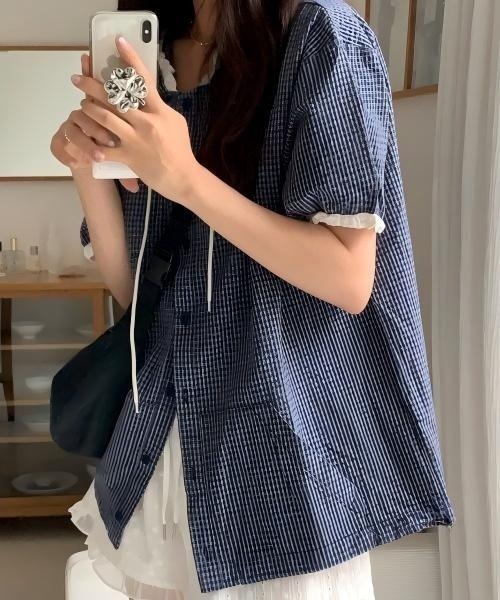 Aelina(エリナ)の「チェック柄フード付きドローストリングブラウス(シャツ/ブラウス・レディース・ネイビー/ライトブルー・FREE)」の19枚目の写真