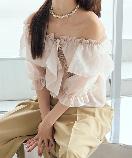 AND COUTURE（アンドクチュール）の「フリルクロスシアーブラウス（シャツ/ブラウス・レディース・ピンク/サックスブルー/ブラック/オフホワイト・FREE）」の5枚目の写真