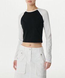 ウィメンズスリムクロップラグラン長袖Tシャツ[ブラック/ホワイト]