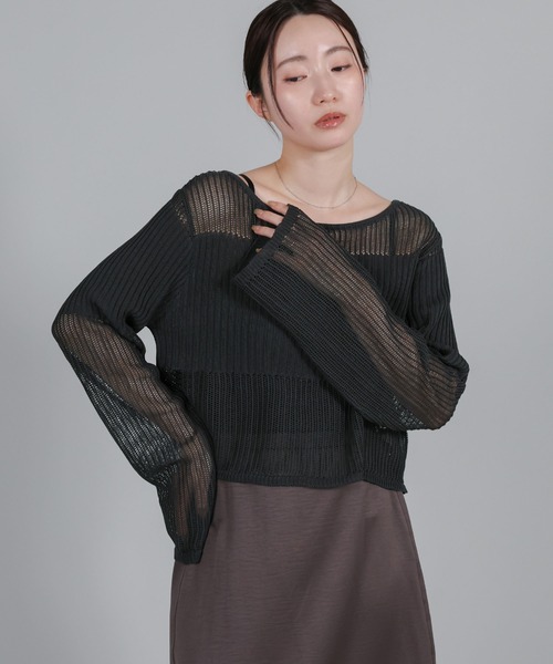 select MOCA Et（セレクトモカエト）の「【Et】Linen like Sheer Mesh Knit（ニット/セーター・レディース・ライトグレー/アイボリー/チャコール・FREE）」の3枚目の写真