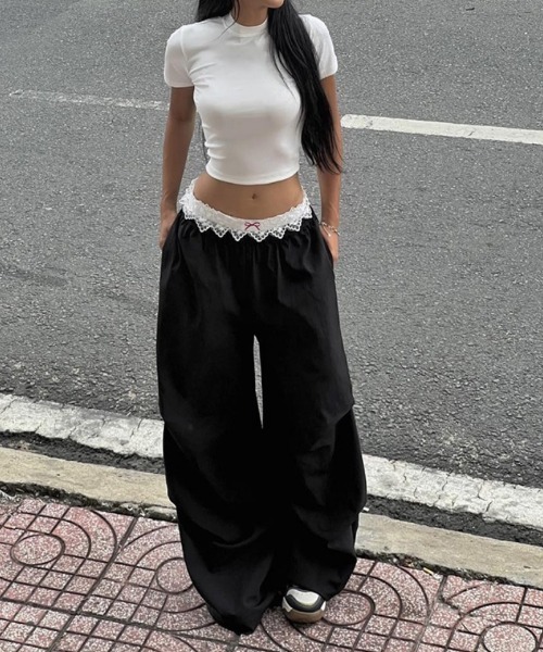 おしゃれスタ（オシャレスタ）の「レースレイヤードワイドパンツ（その他パンツ・レディース・ブラック・S/M/L）」の5枚目の写真
