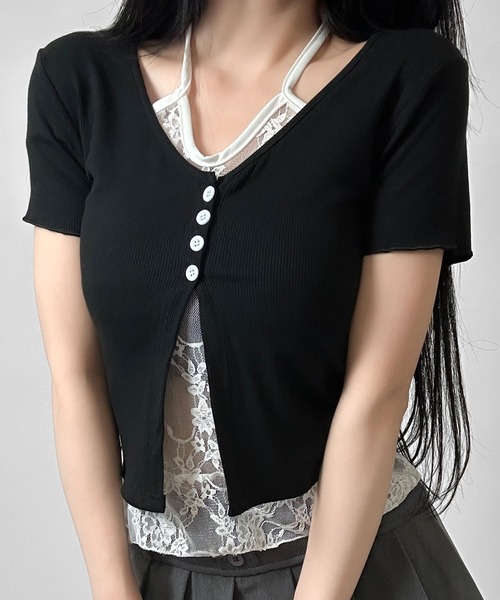 FOLLOWIN（フォロウィン）の「レースレイヤードホルタードッキングTシャツ（Tシャツ/カットソー・レディース・ブラック・FREE）」の4枚目の写真