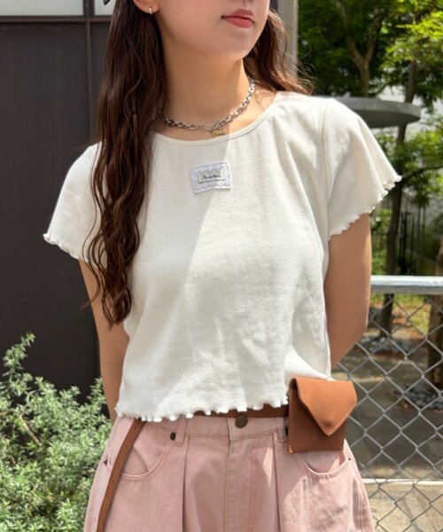 w closet(ダブルクローゼット)の「レースタグリブTシャツ 夏服(Tシャツ/カットソー・レディース・チャコールグレー/ブラック/オレンジ/ピンク/ブルー/オフホワイト/イエロー/アイボリー・FREE)」の1枚目の写真