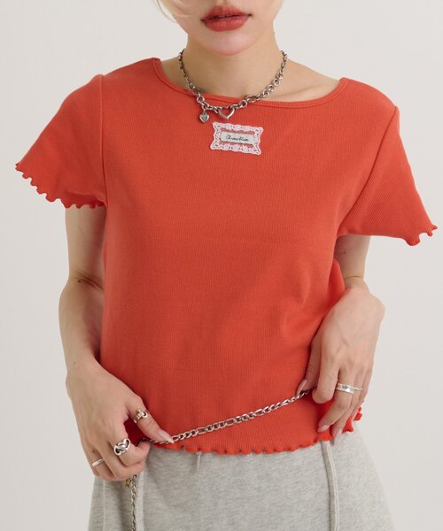 w closet(ダブルクローゼット)の「レースタグリブTシャツ 夏服(Tシャツ/カットソー・レディース・チャコールグレー/ブラック/オレンジ/ピンク/ブルー/オフホワイト/イエロー/アイボリー・FREE)」の8枚目の写真