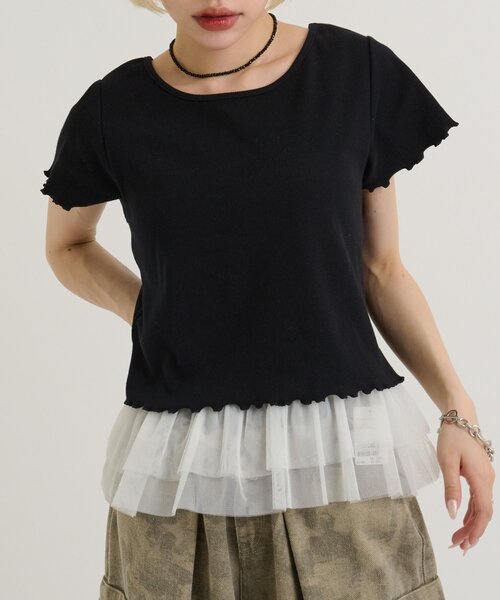 w closet(ダブルクローゼット)の「レースタグリブTシャツ 夏服(Tシャツ/カットソー・レディース・チャコールグレー/ブラック/オレンジ/ピンク/ブルー/オフホワイト/イエロー/アイボリー・FREE)」の3枚目の写真