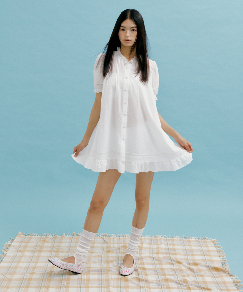 Cotton Lace Frill Mini Dress (ivory)（ワンピース）｜LUCIR ZU