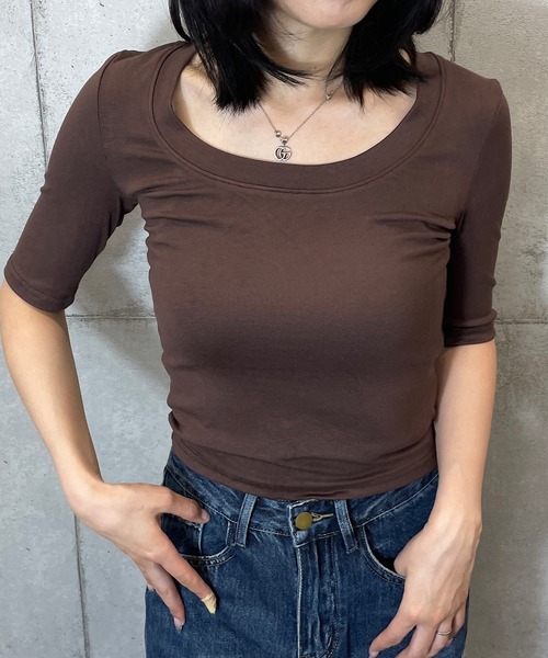ROGER AND RAW(ロジャーアンドロウ)の「五分袖 UネックTシャツ(Tシャツ/カットソー・レディース・ホワイト/ブラック/ブラウン/グレー・FREE)」の19枚目の写真