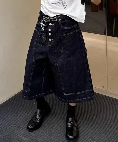 ステッチ切り替えワイドデニムクロップドハーフパンツ 5 ボタン