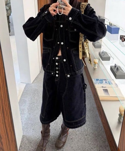 SHERU（シェル）の「ステッチ切り替えワイドデニムクロップドハーフパンツ 5 ボタンフロント（デニムパンツ・レディース・ブラック・L/M/S）」の13枚目の写真