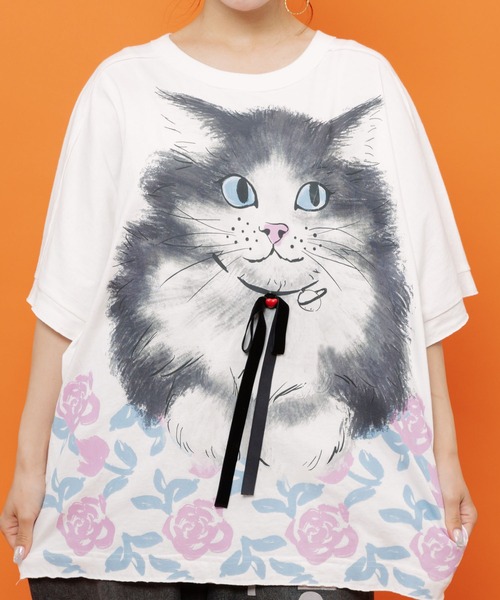 ScoLar(スカラー)の「162730:リボン付き もふもふハチワレネコ柄Tシャツ(Tシャツ/カットソー・レディース・オフホワイト/パープル/チャコールグレー・M)」の8枚目の写真