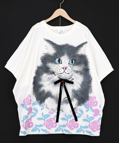 ScoLar(スカラー)の「162730:リボン付き もふもふハチワレネコ柄Tシャツ(Tシャツ/カットソー・レディース・オフホワイト/パープル/チャコールグレー・M)」の11枚目の写真