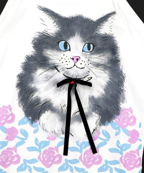 ScoLar(スカラー)の「162730:リボン付き もふもふハチワレネコ柄Tシャツ(Tシャツ/カットソー・レディース・オフホワイト/パープル/チャコールグレー・M)」の13枚目の写真
