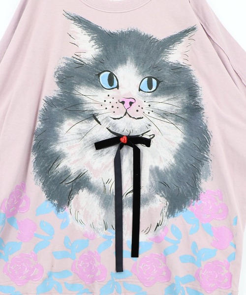 ScoLar(スカラー)の「162730:リボン付き もふもふハチワレネコ柄Tシャツ(Tシャツ/カットソー・レディース・オフホワイト/パープル/チャコールグレー・M)」の17枚目の写真