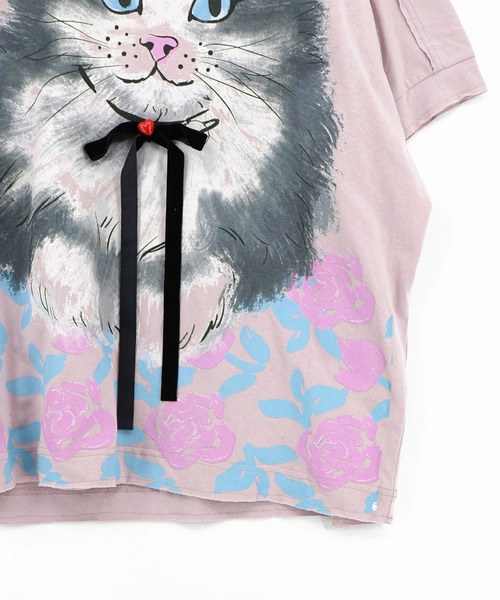 ScoLar(スカラー)の「162730:リボン付き もふもふハチワレネコ柄Tシャツ(Tシャツ/カットソー・レディース・オフホワイト/パープル/チャコールグレー・M)」の20枚目の写真