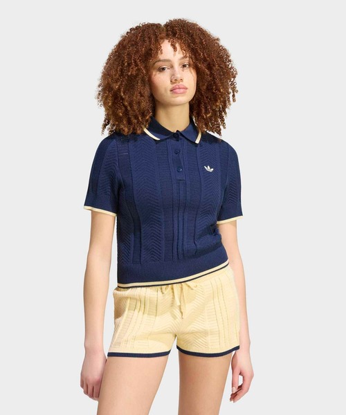 adidas(アディダス)の「ケーブル ニット カリ Tシャツポロ / アディダスオリジナルス adidas Originals(ポロシャツ・レディース・ライトイエロー/ブルー・XX-LARGE/LARGE/MEDIUM/SMALL/X-LARGE)」の2枚目の写真