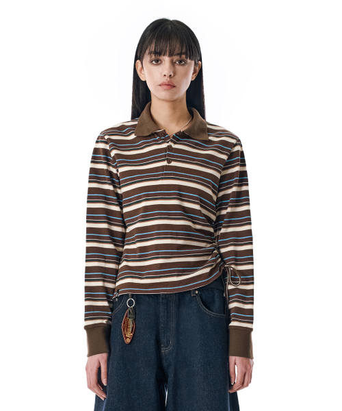 SECONDMONO（セカンドモノローグ）の「W.Striped Slim Shirred Polo [BROWN]_SEWTS014BROWN（ポロシャツ・レディース・その他・FREE）」の3枚目の写真