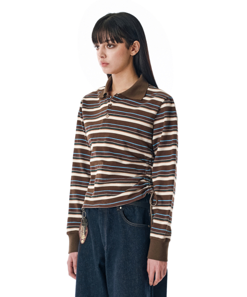 SECONDMONO（セカンドモノローグ）の「W.Striped Slim Shirred Polo [BROWN]_SEWTS014BROWN（ポロシャツ・レディース・その他・FREE）」の4枚目の写真