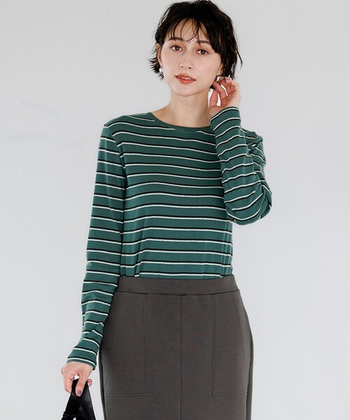 23区 L(ニジュウサンクオオキイサイズ)の「マルチボーダーフライス ロング Tシャツ(Tシャツ/カットソー・レディース・ダークグリーン系1/ダークブラウン系1・46/44/48)」の2枚目の写真