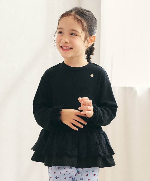 apres les cours（アプレレクール）の「レースフリル切り替えリブ長袖Tシャツ（Tシャツ/カットソー・キッズ・グレー/ブラック・80/90/100/110/120/130/140）」の2枚目の写真