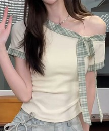 チェック柄リボントリムTシャツ