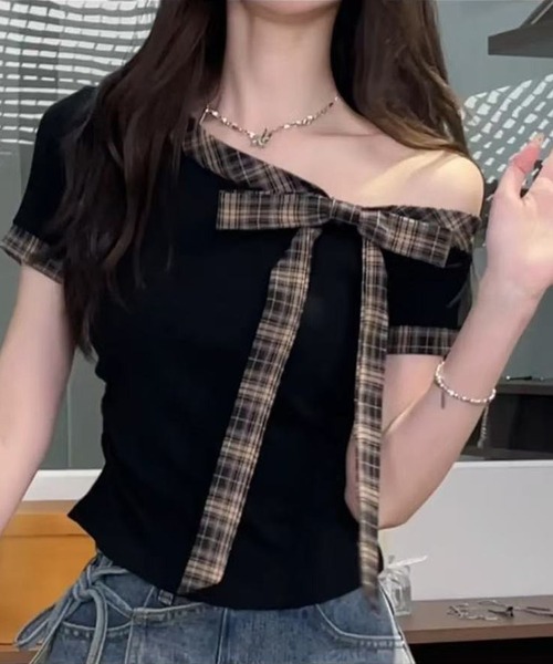 L LABEL（エルラベル）の「チェック柄リボントリムTシャツ（Tシャツ/カットソー・レディース・ホワイト/ブラック・FREE）」の2枚目の写真