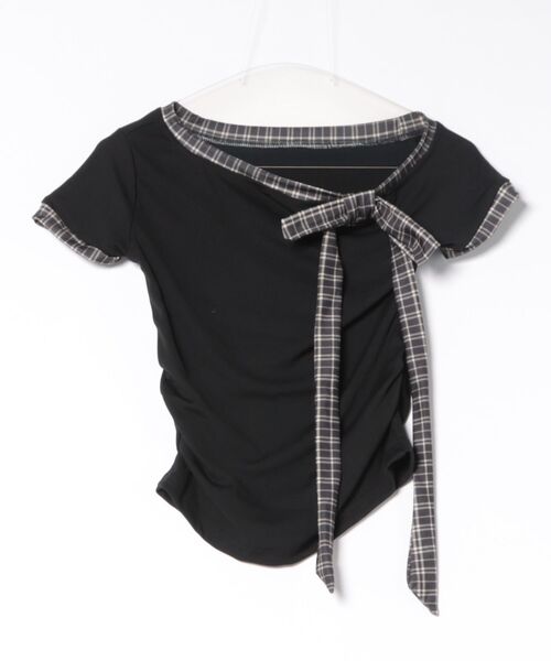L LABEL（エルラベル）の「チェック柄リボントリムTシャツ（Tシャツ/カットソー・レディース・ホワイト/ブラック・FREE）」の3枚目の写真