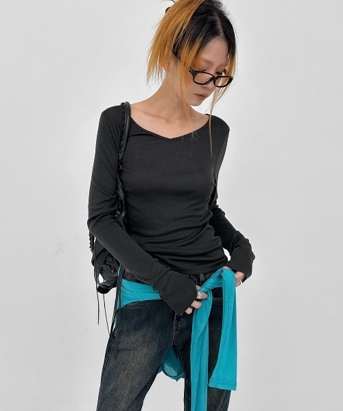 BLACKUP（ブラックアップ）の「[MADE] テンロウール混テンセル Vネック長袖Tシャツ（Tシャツ/カットソー・レディース・ライトイエロー/チャコール/ミント/アイボリー・FREE）」の12枚目の写真