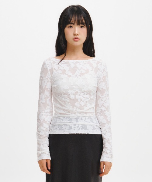 GENERAL IDEA（ジェネラルアイデア）の「【GENERAL IDEA】シアーフローラルボートネックTシャツ / SHEER FLORAL BOAT-NECK T-SHIRT（Tシャツ/カットソー・レディース・ブラック/ベージュ/ホワイト・L/M/S）」の4枚目の写真