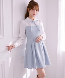 千鳥柄シャツ切替ウエストリボンワンピース