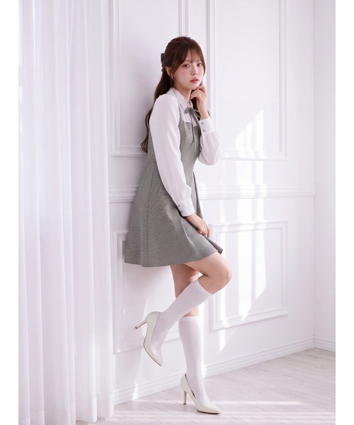 Suyunn（スユン）の「千鳥柄シャツ切替ウエストリボンワンピース（ワンピース・レディース・ブラック/ブルー・M）」の4枚目の写真