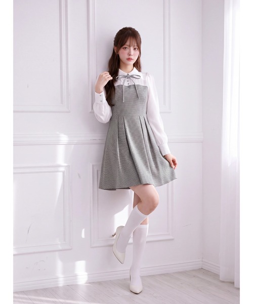 Suyunn（スユン）の「千鳥柄シャツ切替ウエストリボンワンピース（ワンピース・レディース・ブラック/ブルー・M）」の5枚目の写真