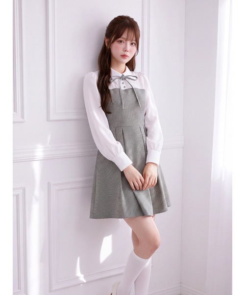 Suyunn（スユン）の「千鳥柄シャツ切替ウエストリボンワンピース（ワンピース・レディース・ブラック/ブルー・M）」の6枚目の写真