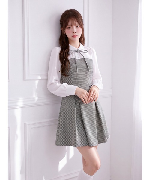 Suyunn（スユン）の「千鳥柄シャツ切替ウエストリボンワンピース（ワンピース・レディース・ブラック/ブルー・M）」の7枚目の写真