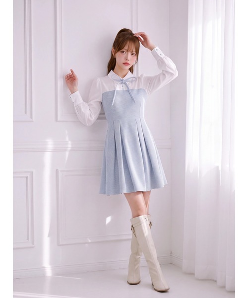 Suyunn（スユン）の「千鳥柄シャツ切替ウエストリボンワンピース（ワンピース・レディース・ブラック/ブルー・M）」の9枚目の写真