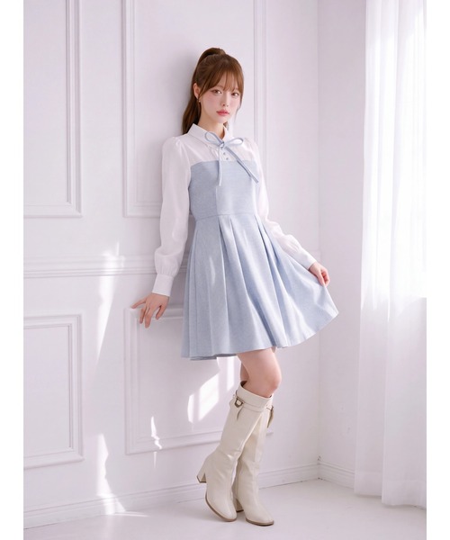 Suyunn（スユン）の「千鳥柄シャツ切替ウエストリボンワンピース（ワンピース・レディース・ブラック/ブルー・M）」の10枚目の写真