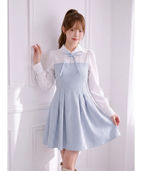 Suyunn（スユン）の「千鳥柄シャツ切替ウエストリボンワンピース（ワンピース・レディース・ブラック/ブルー・M）」の12枚目の写真