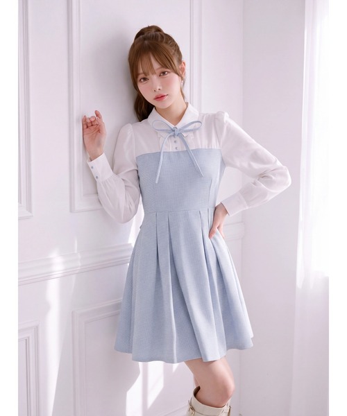 Suyunn（スユン）の「千鳥柄シャツ切替ウエストリボンワンピース（ワンピース・レディース・ブラック/ブルー・M）」の13枚目の写真